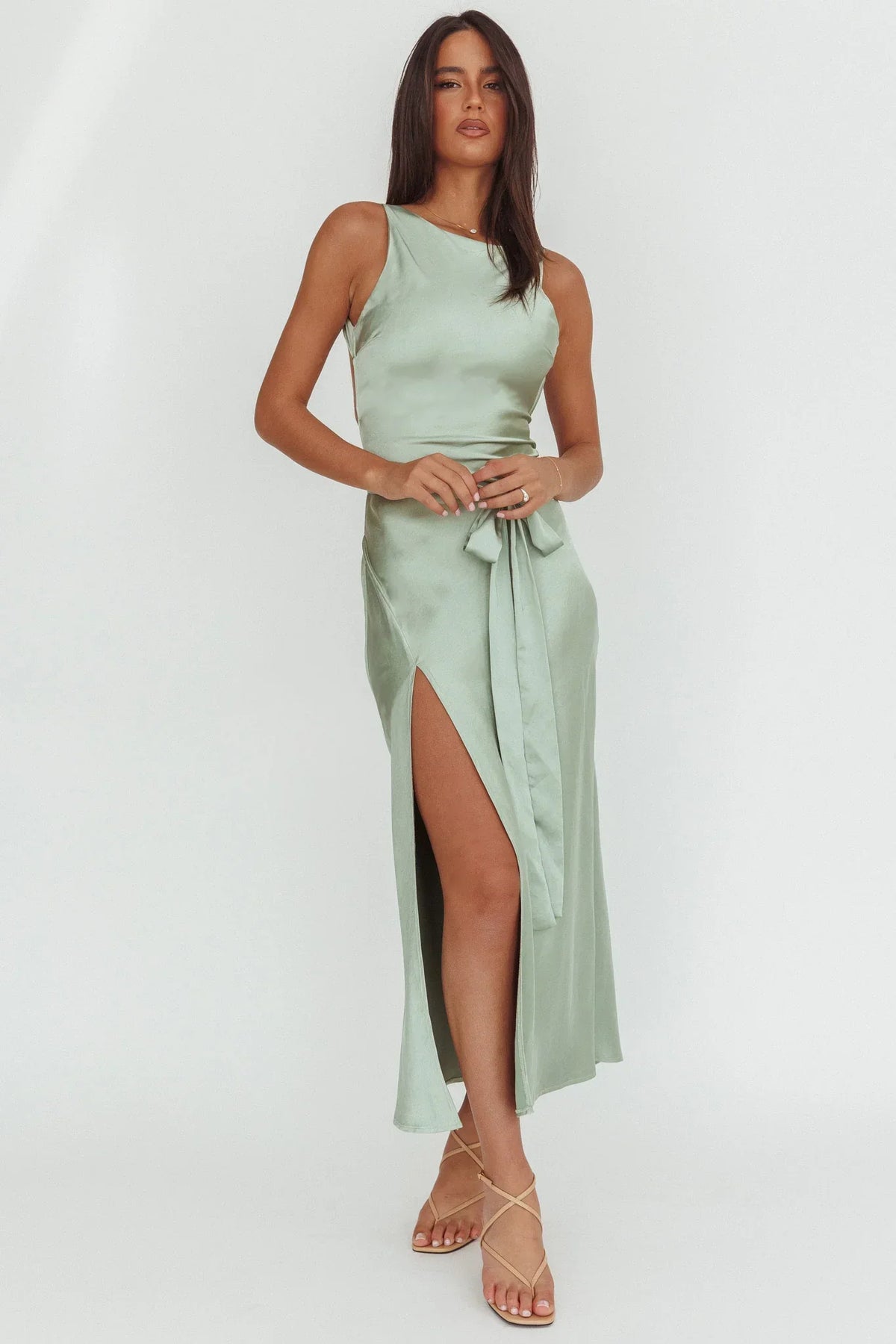Standing By Backless Waist Tie Maxi Dress Sage