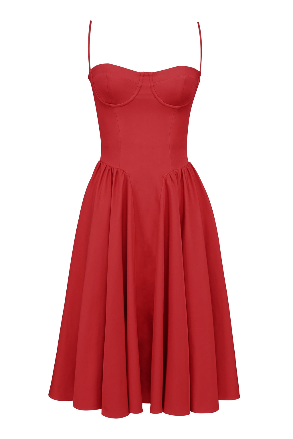 red gathered midi dress