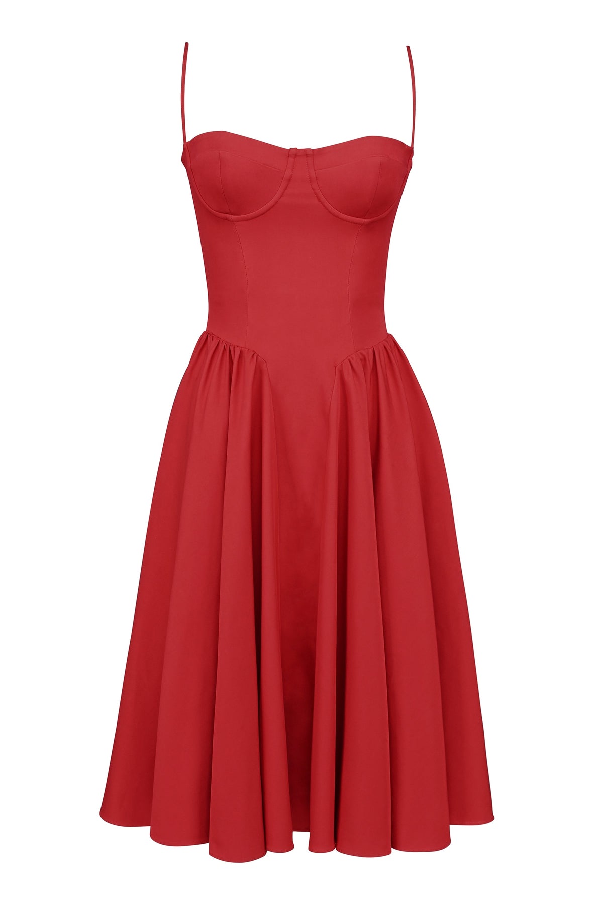 red gathered midi dress