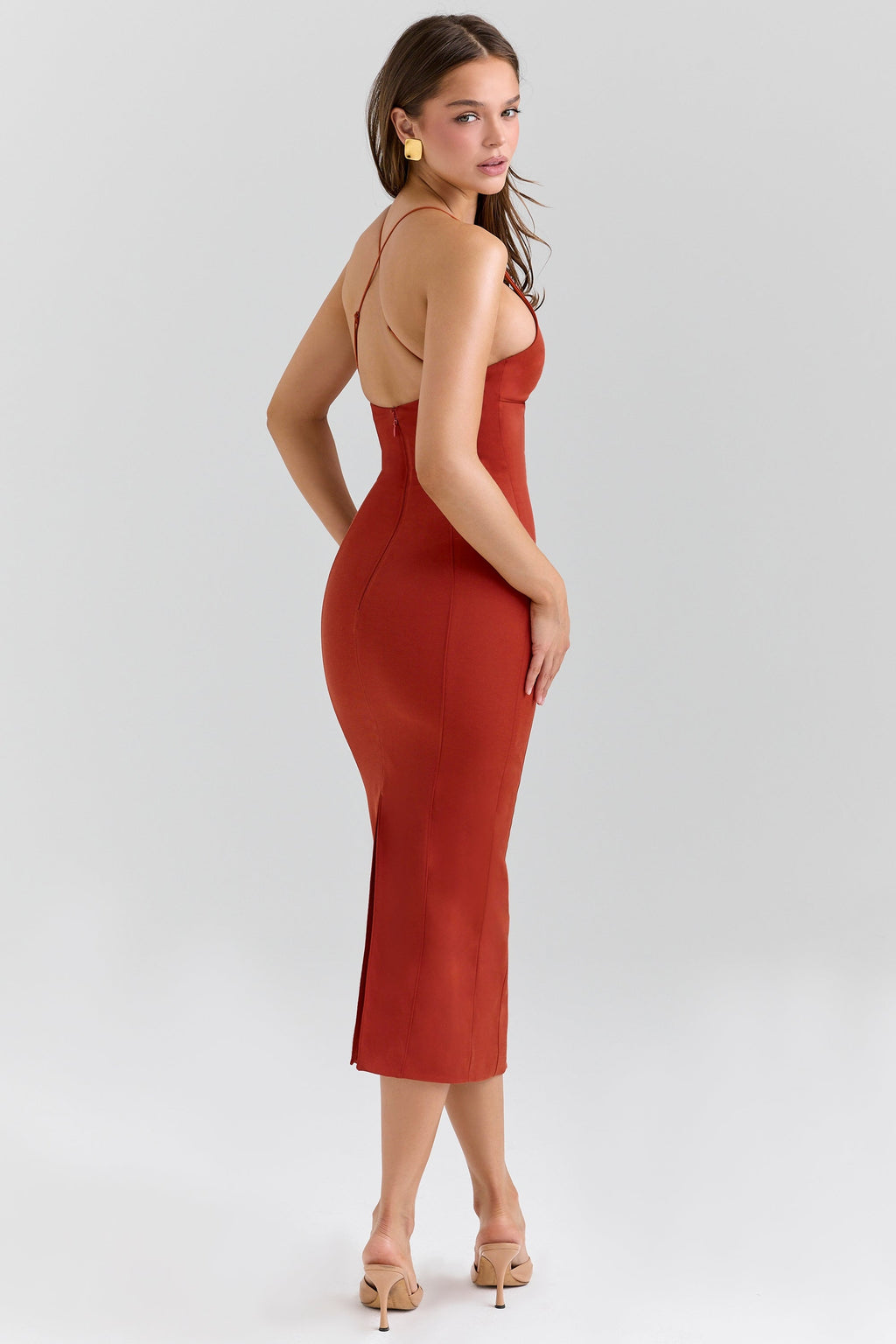terracotta stretch cotton fitted midi dress