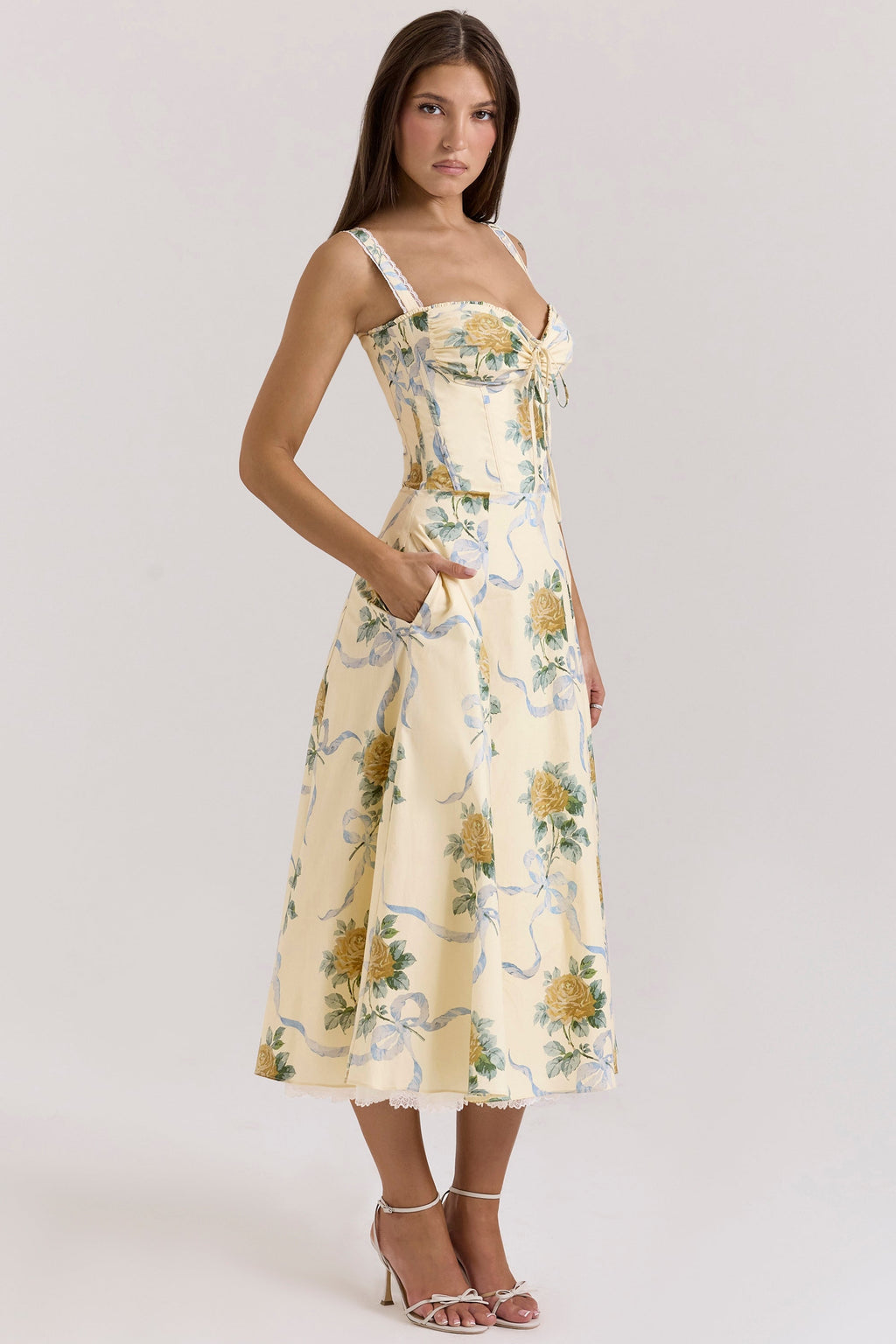 lemon vintage ribbon print cotton midi dress