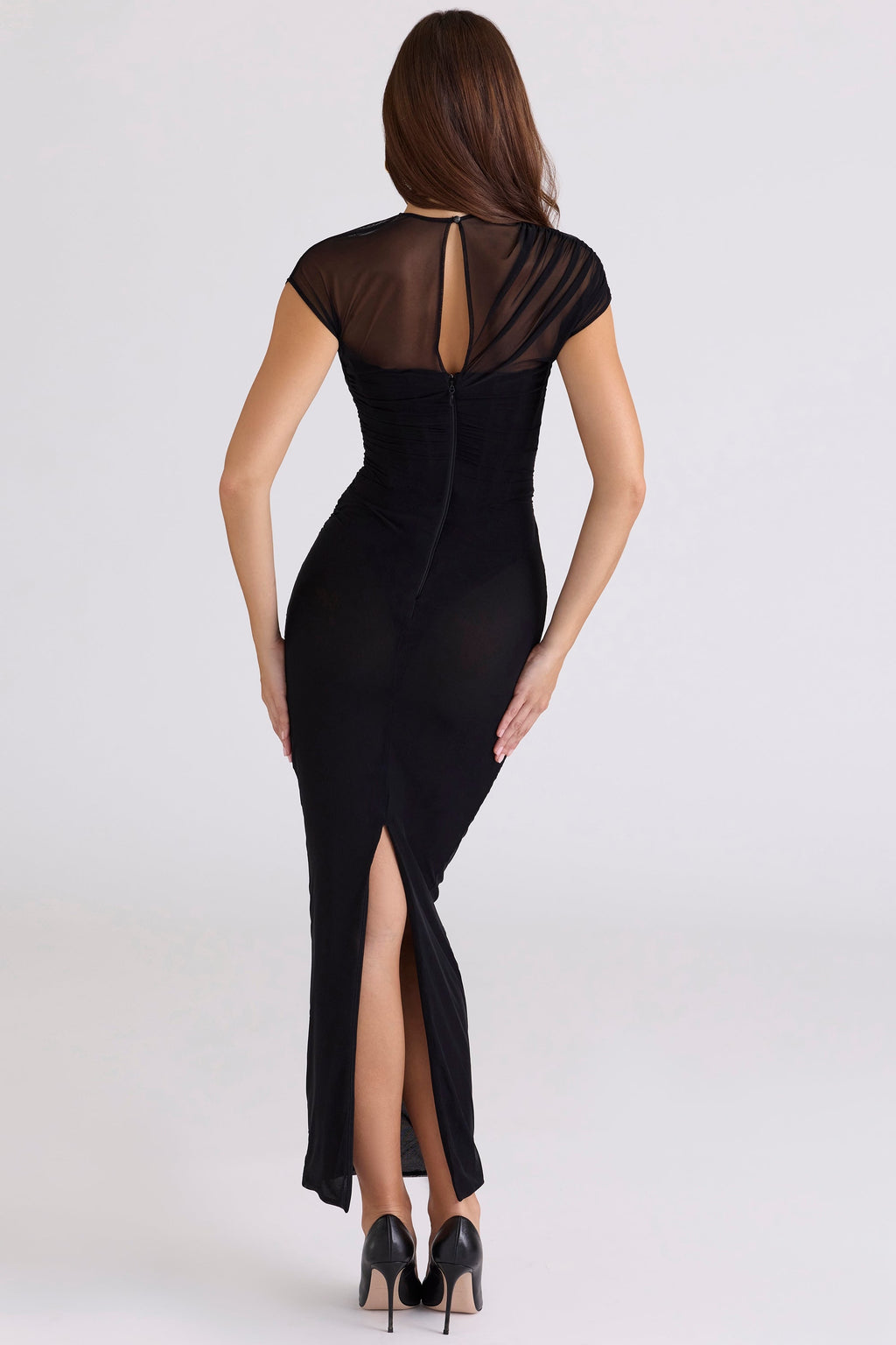 black draped mesh maxi dress