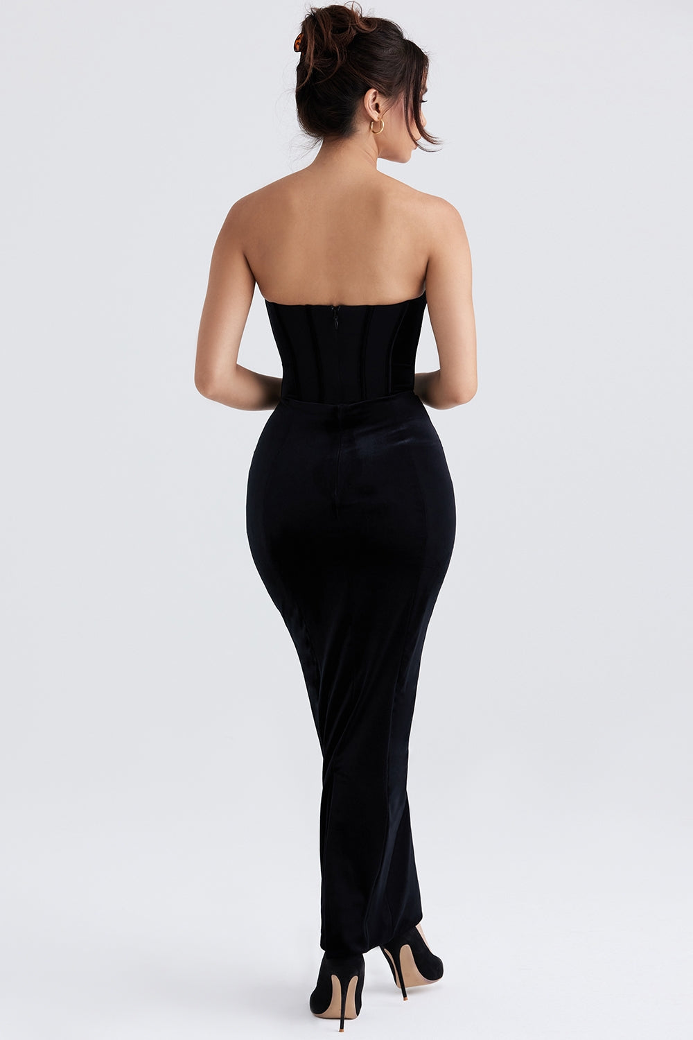 black velvet corset maxi dress