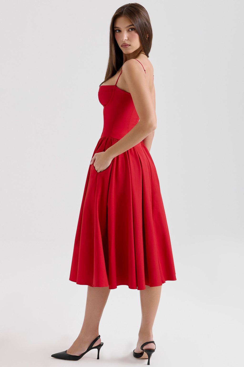 red gathered midi dress