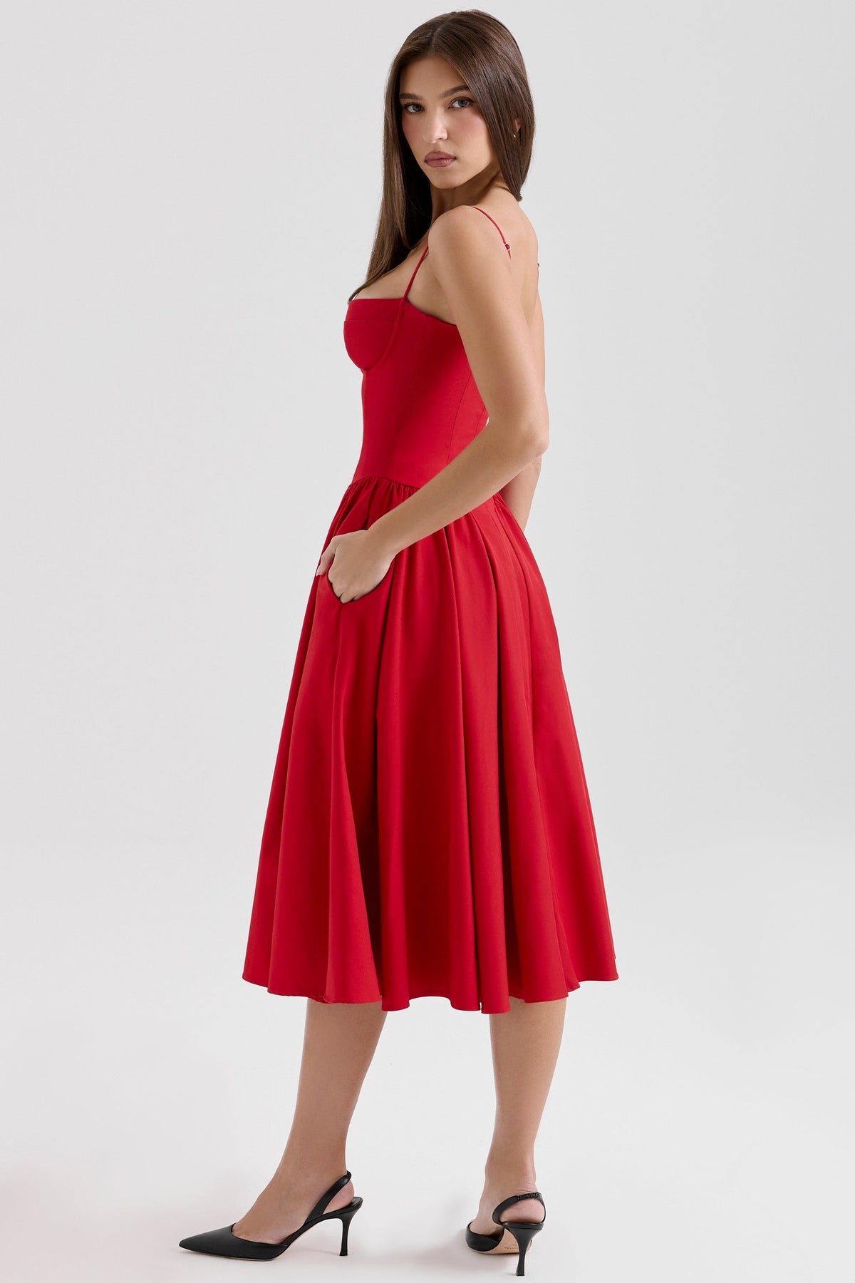 red gathered midi dress