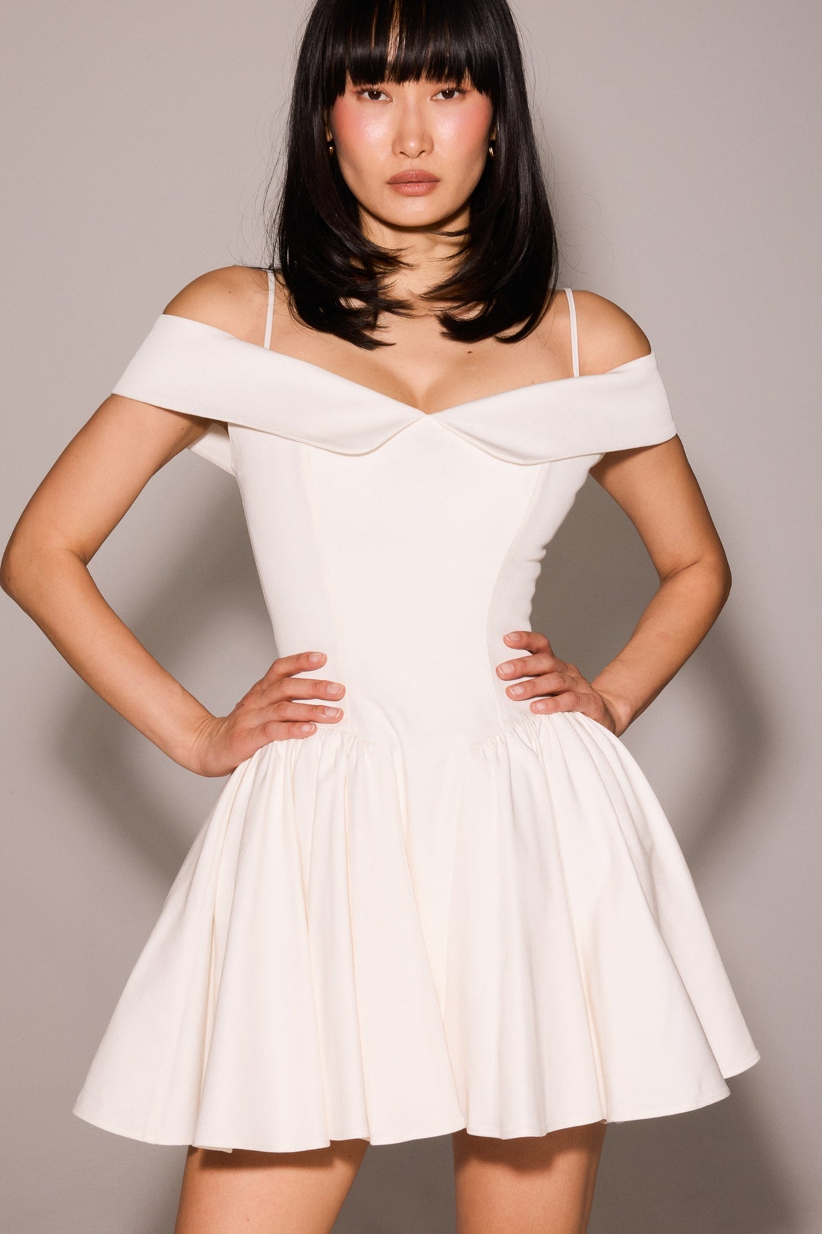 white twill off shoulder mini dress