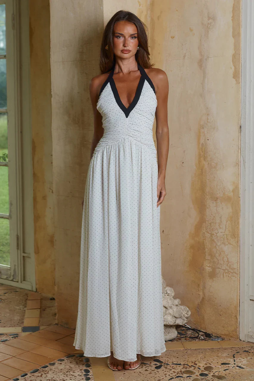 CAROLINA HALTER RUCHED MAXI DRESS - IVORY/BLACK POLKA