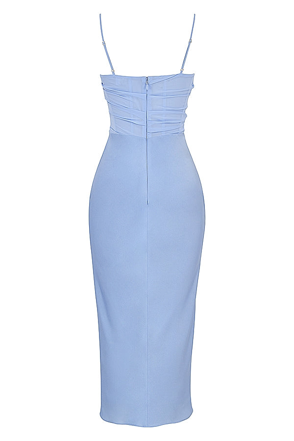 sky draped corset midi dress
