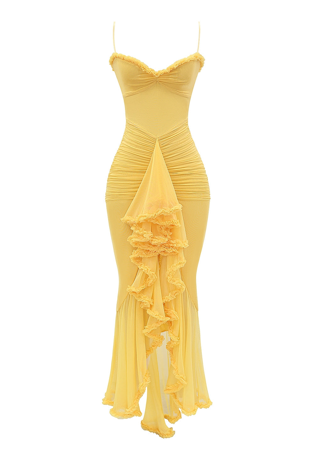 apricot ruffled front gown