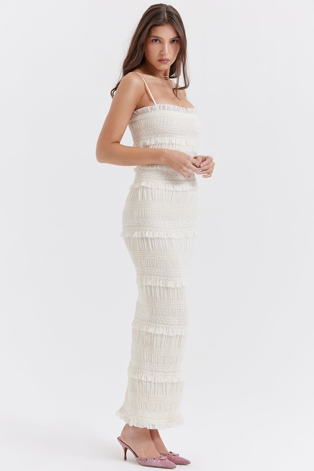 ivory sequin pleat maxi dress