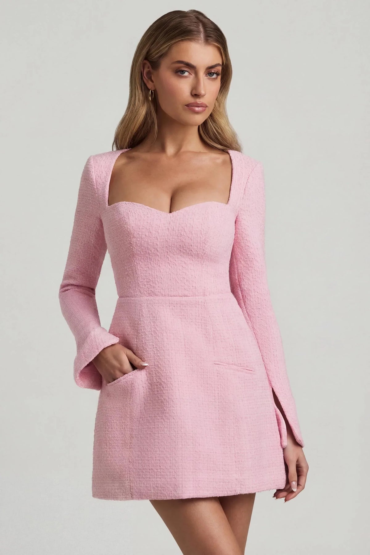 Sweetheart-Neck Structured Mini Dress in Soft Pink
