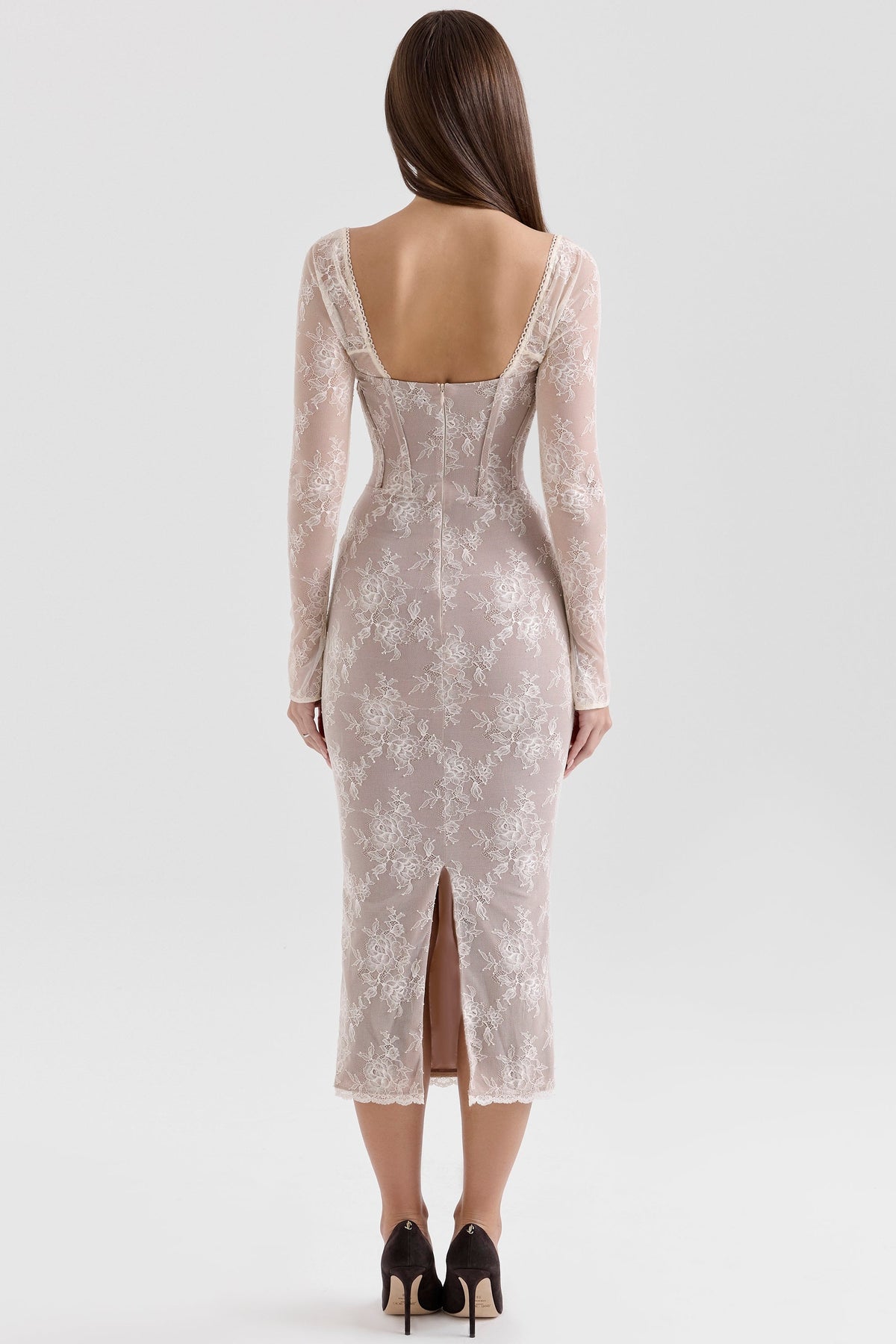 ivory lace long sleeve midi dress