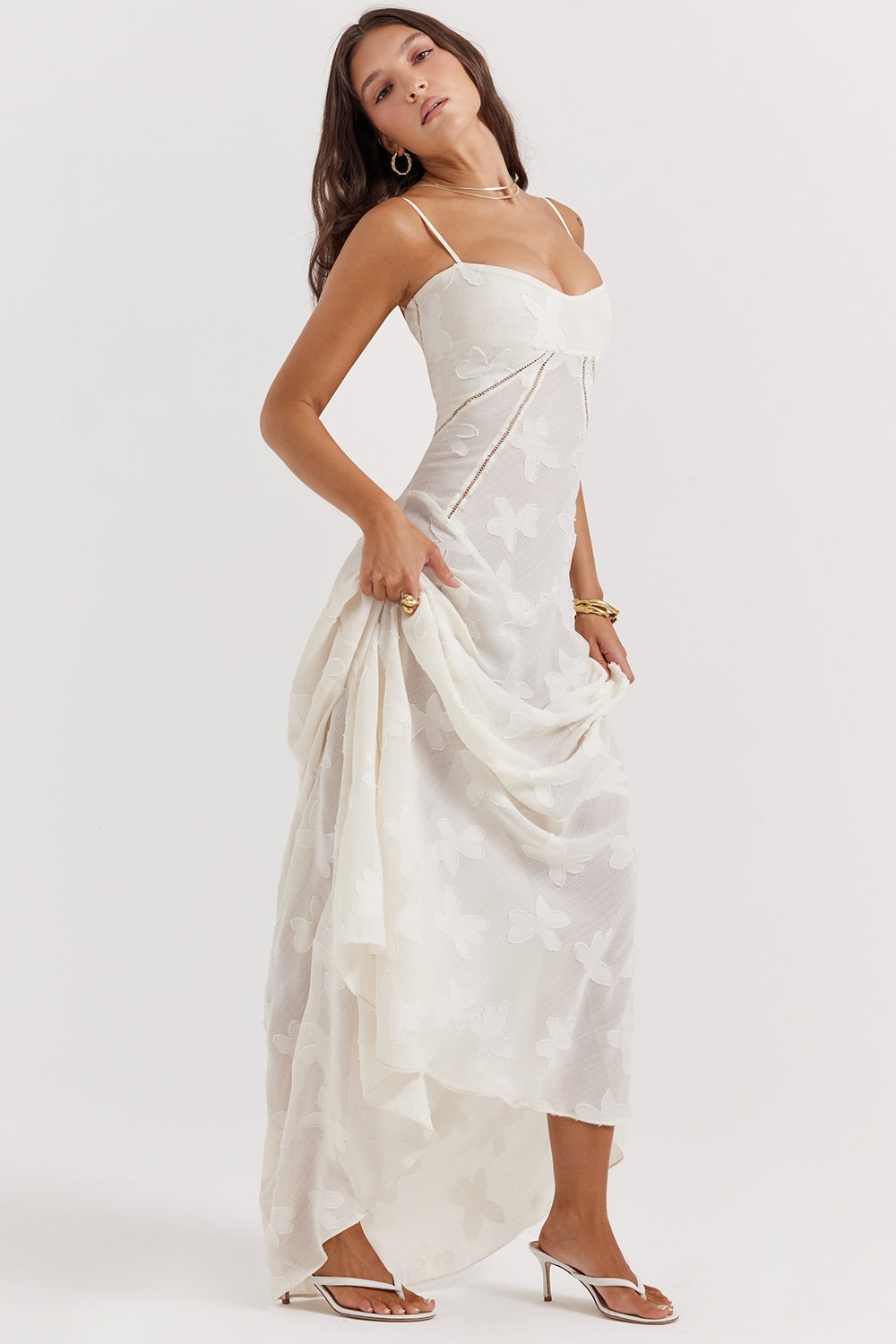 vintage cream floral lace back maxi dress