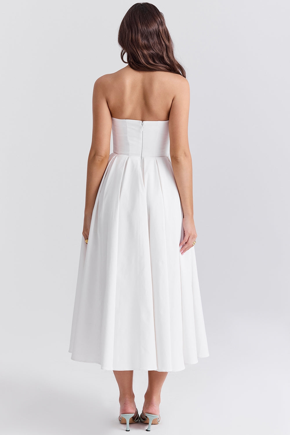 white strapless midi sundress
