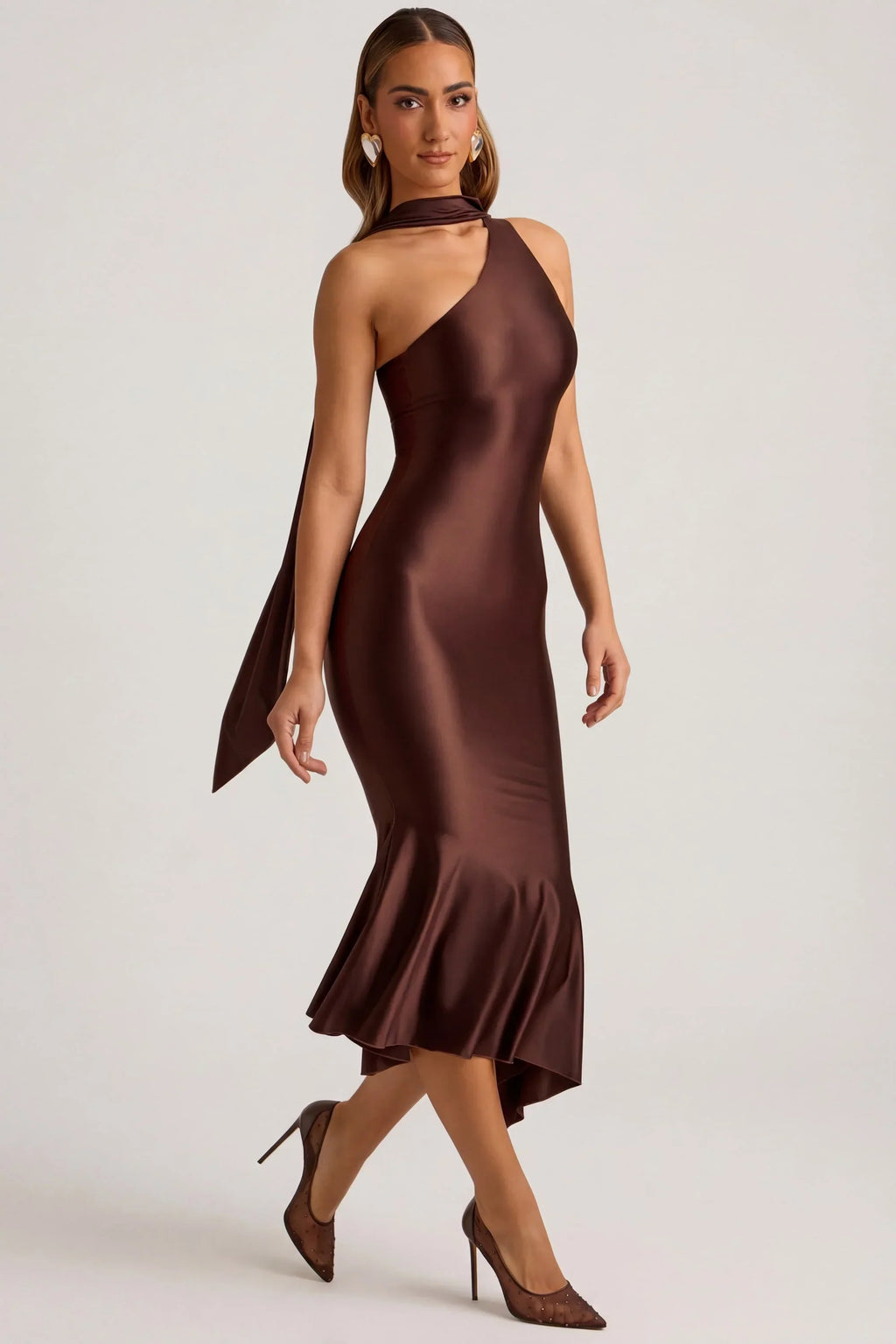 Asymmetric Scarf-Detail Midaxi Dress in Chocolate Brown