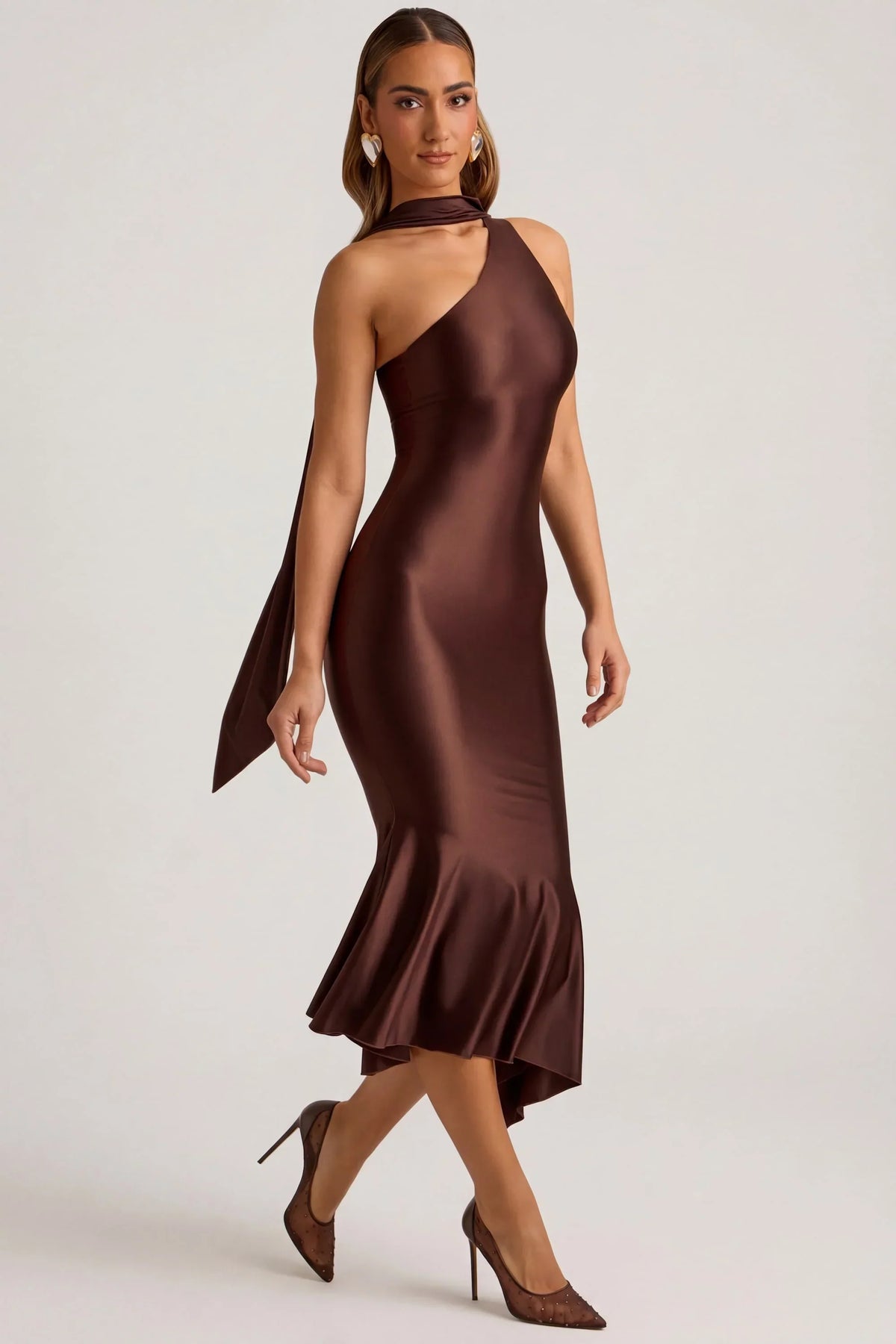 Asymmetric Scarf-Detail Midaxi Dress in Chocolate Brown