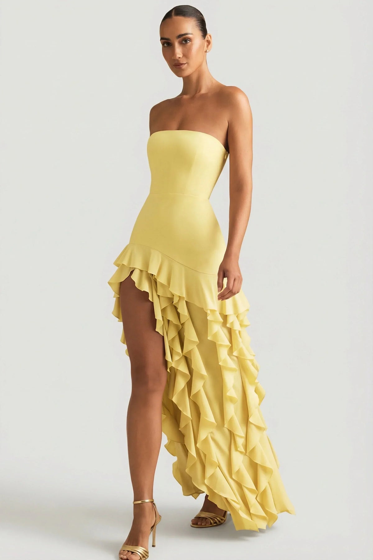 Ruffle-Trim Strapless Gown in Pastel Yellow