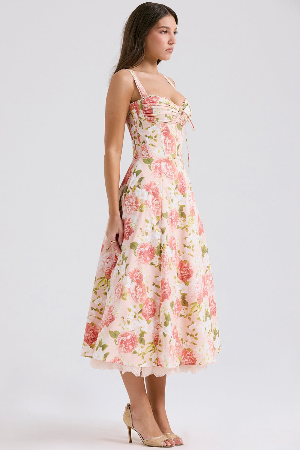 pink peony print cotton bustier sundress