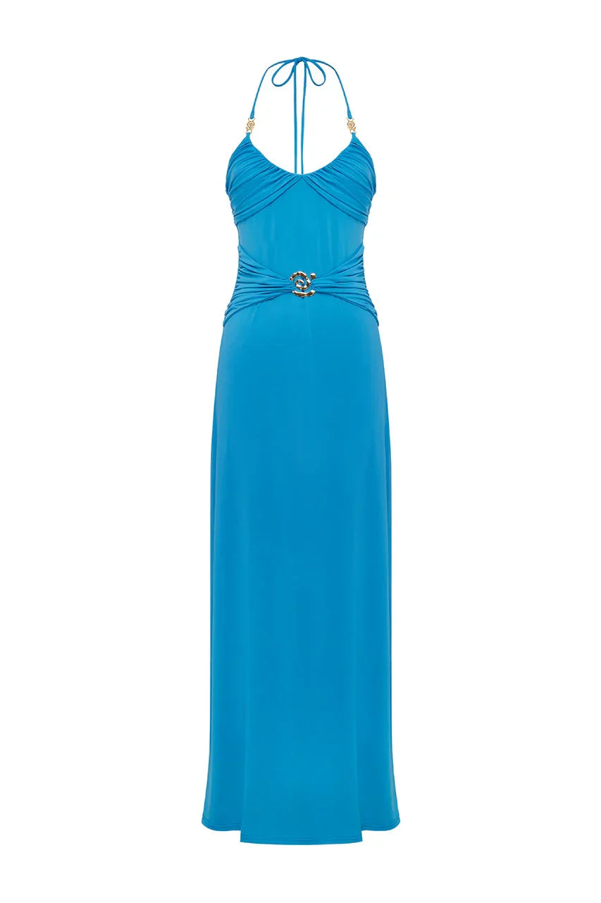 NINA RUCHED HALTER MAXI DRESS - OCEAN
