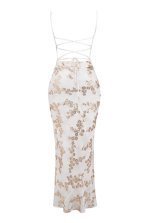 white & gold jacquard satin gown