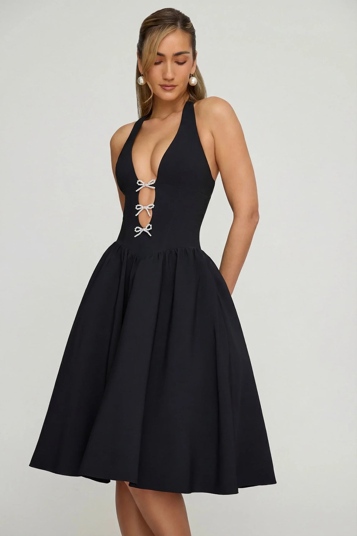 Halterneck Bow-Detail Midi Dress in Black
