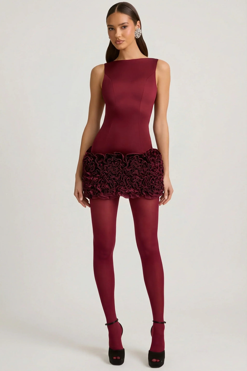 Satin Floral Appliqué Open-Back Mini Dress in Wine Red