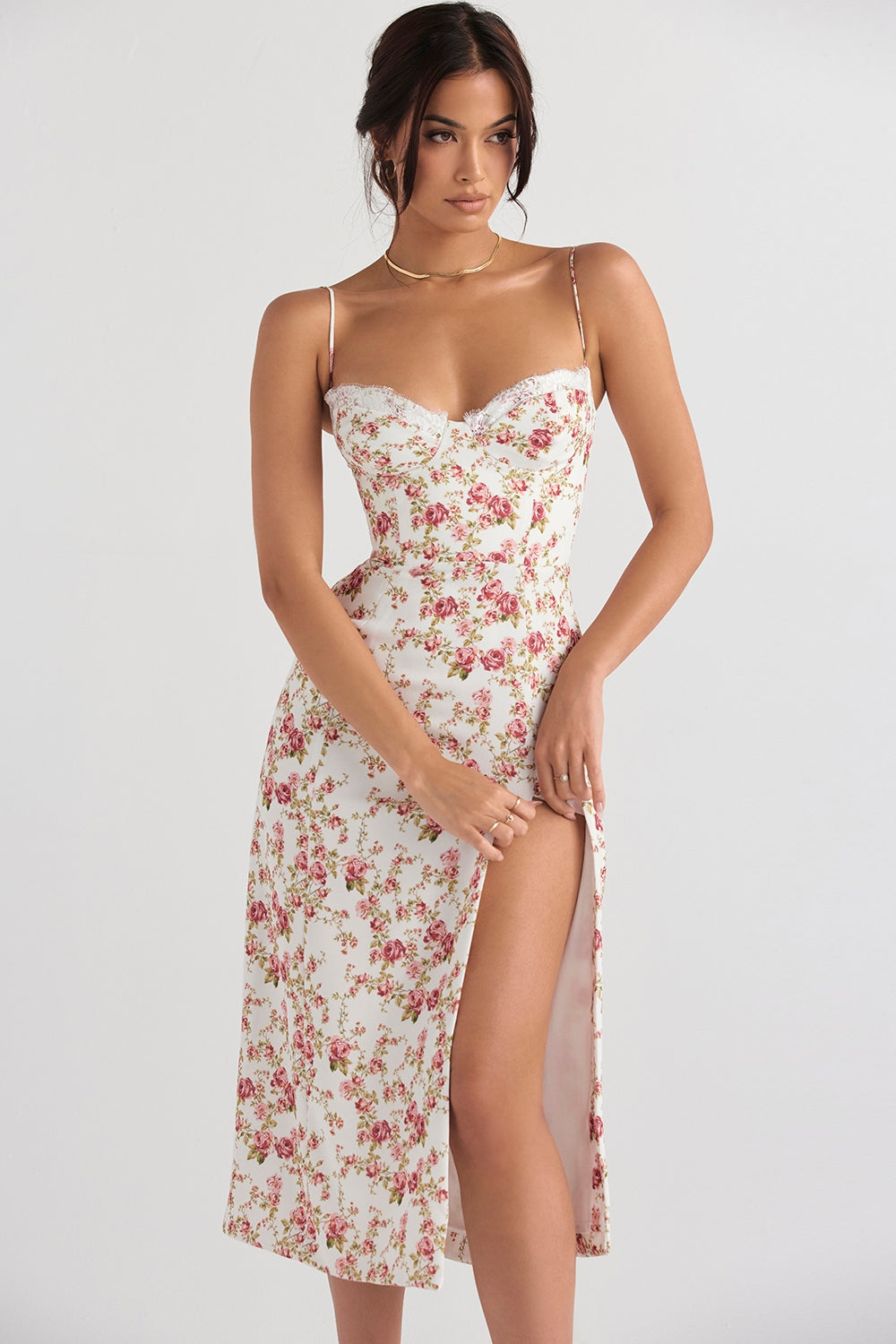 rose print corset midi sundress