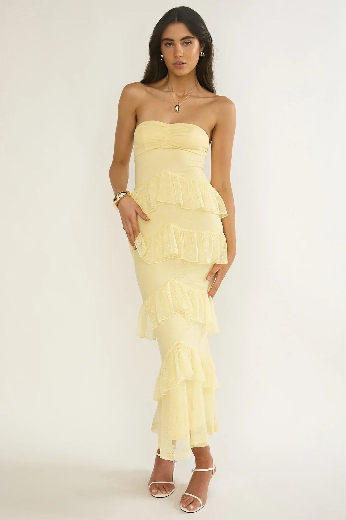 Dulce Dreams Sweetheart Neckline Lace Frill Maxi Dress Butter