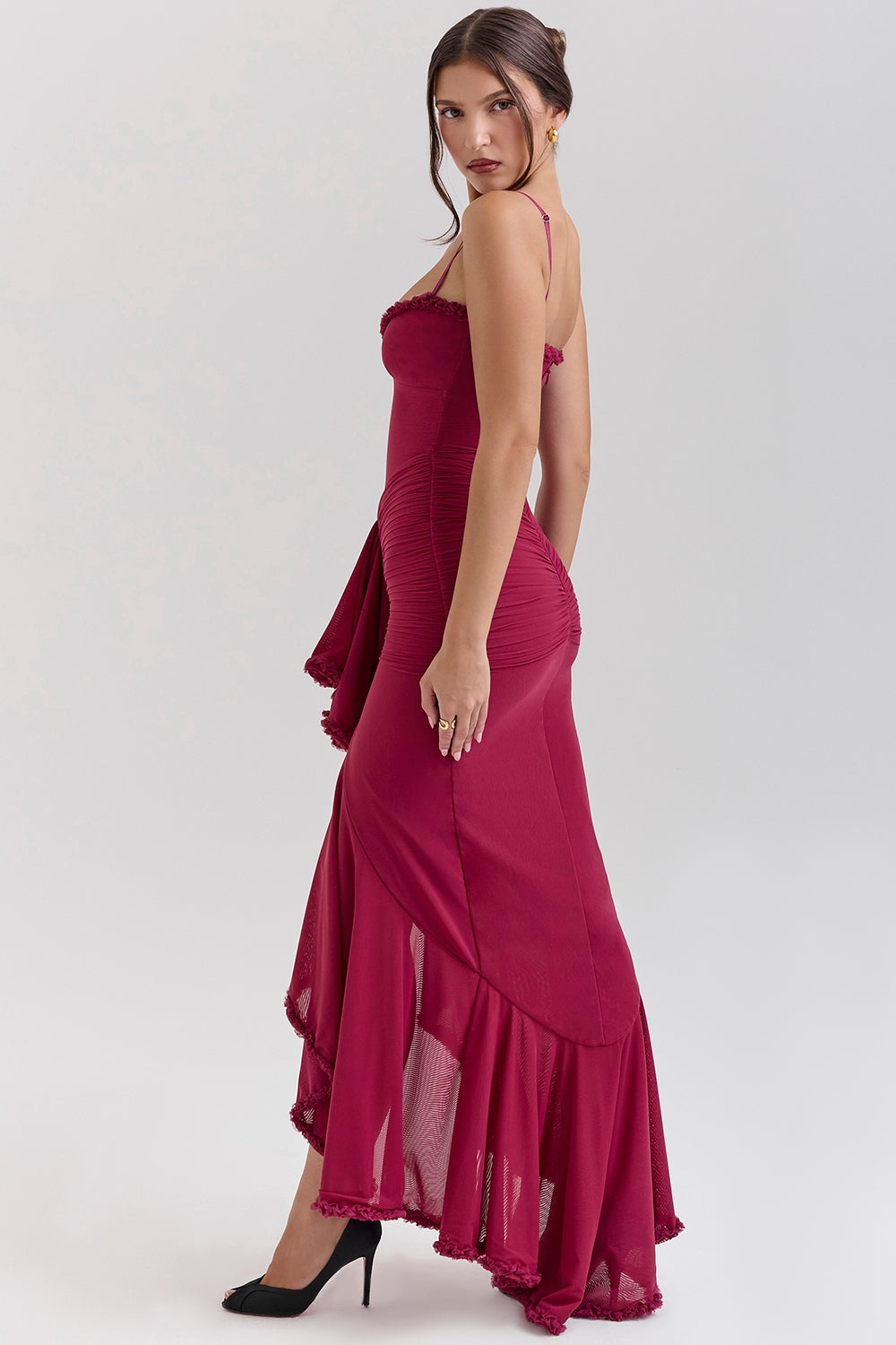 wine ruffled front gown
