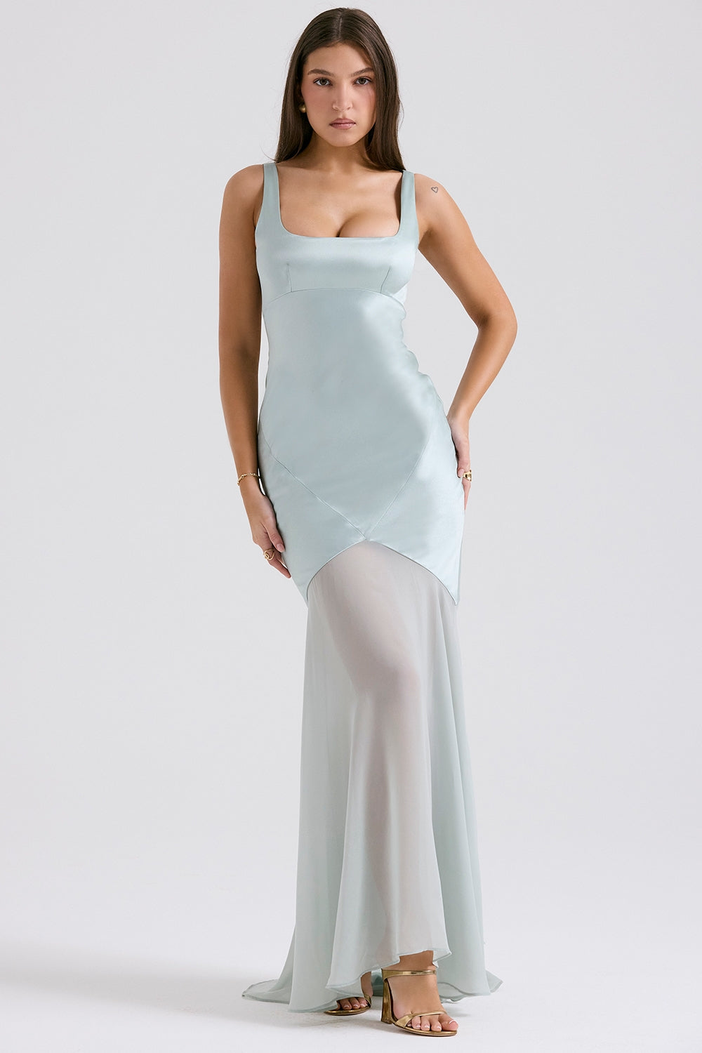pistachio chiffon floor length gown