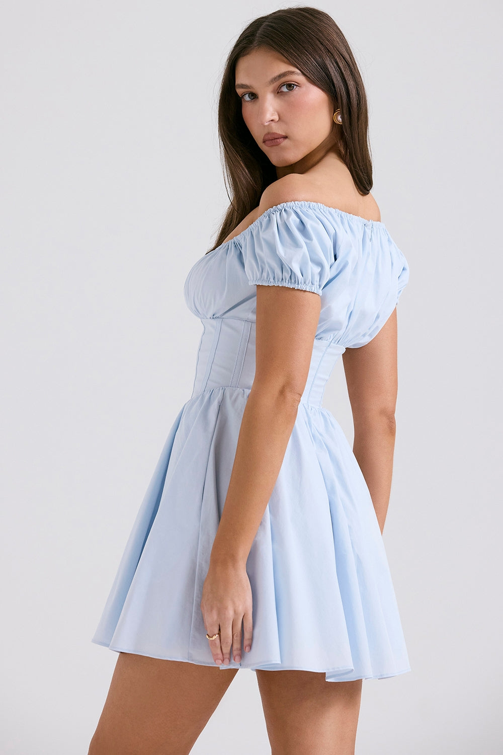 soft blue cotton gathered mini dress