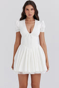 white pleated cotton mini dress