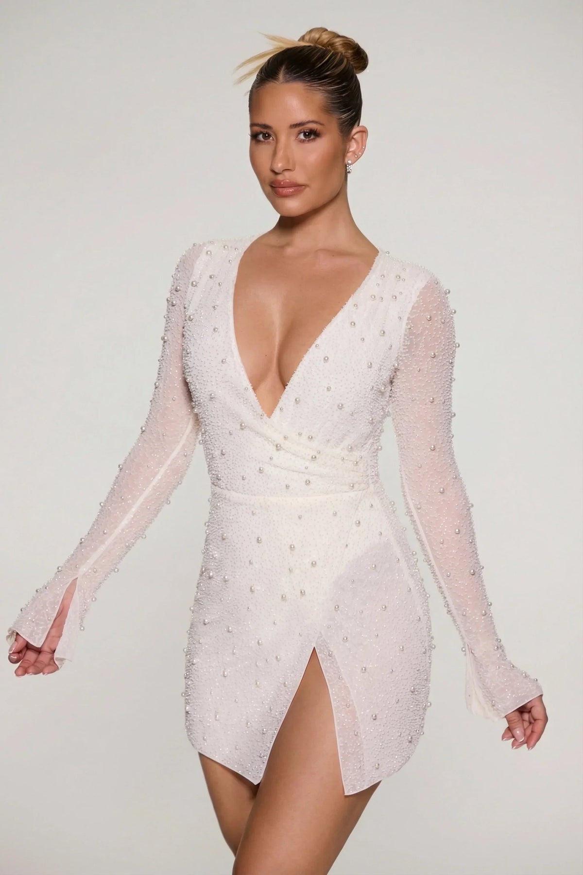 Embellished Wrap Over A-Line Mini Dress in Ivory