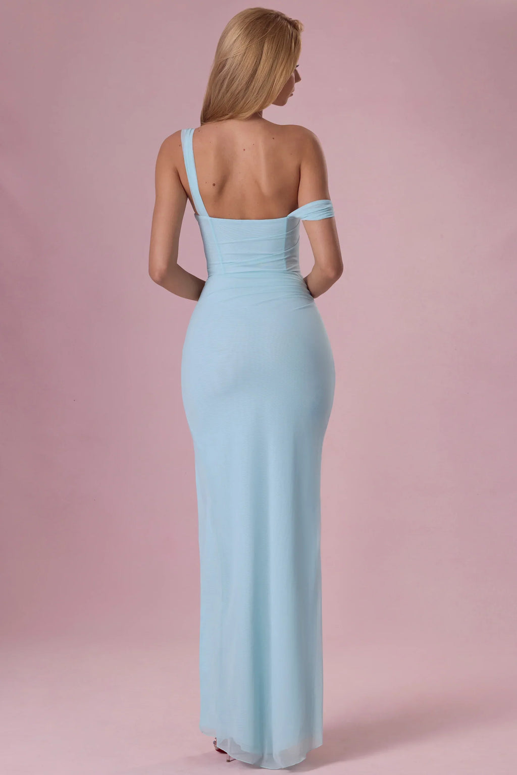 Mesh Draped Corset Gown in Light Aqua
