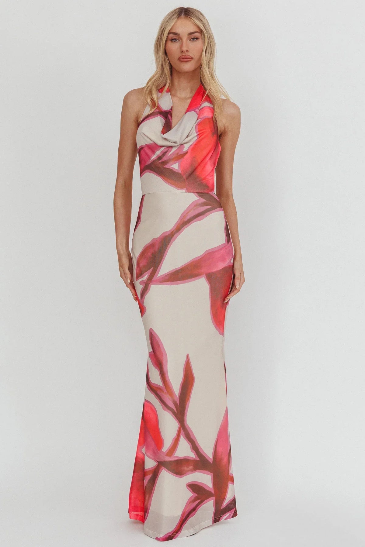 Outlier Cowl Halterneck Maxi Dress Print Beige