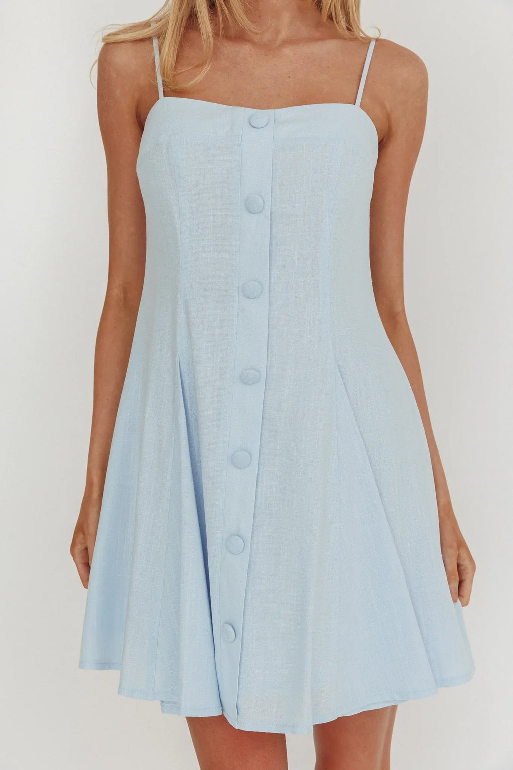 Fianna Button Front Godet Mini Dress Light Blue