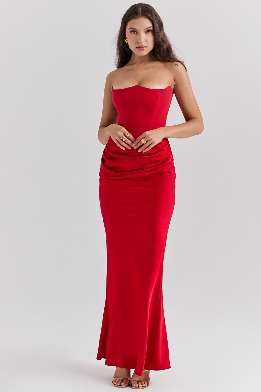 scarlet strapless corset maxi dress