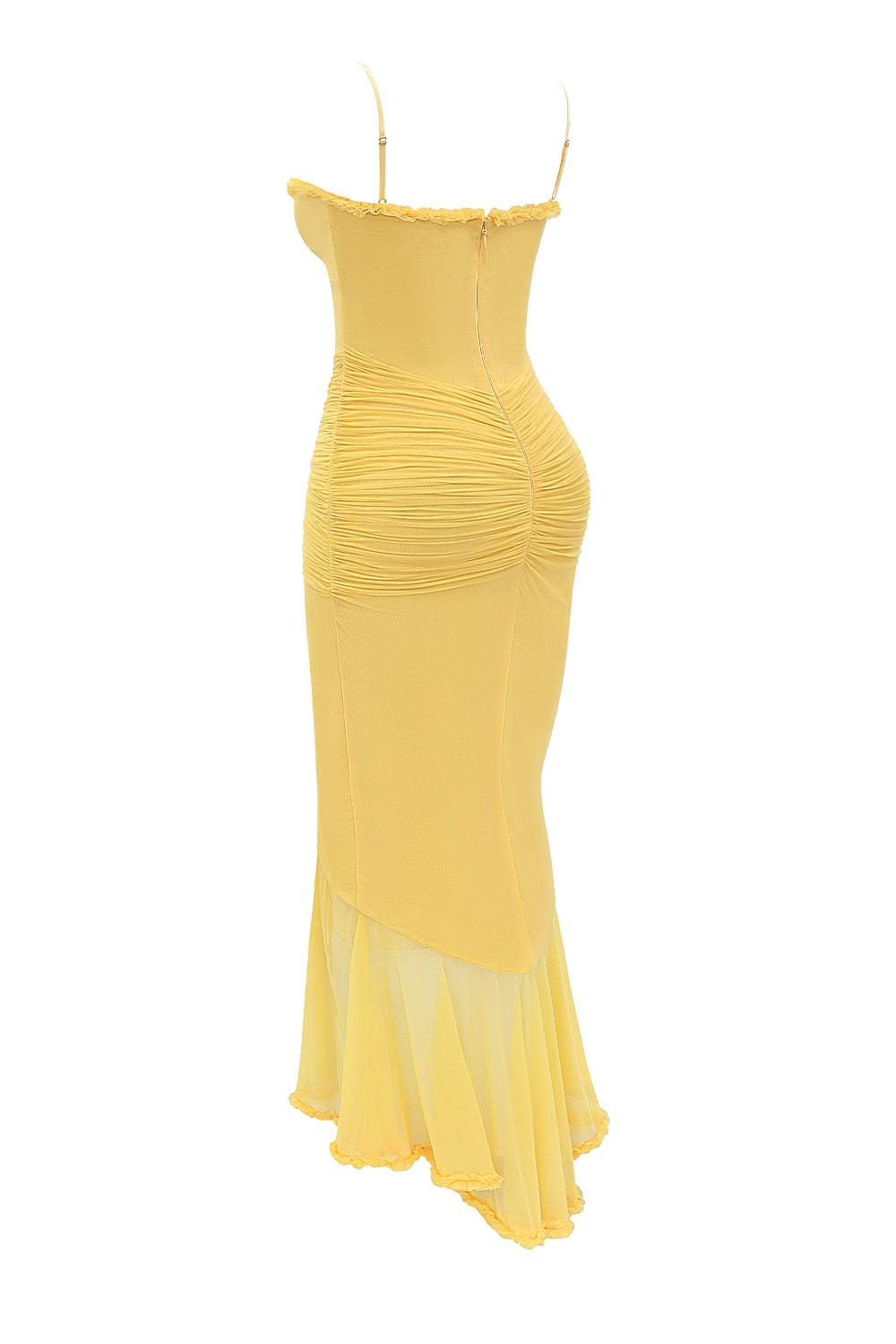 apricot ruffled front gown