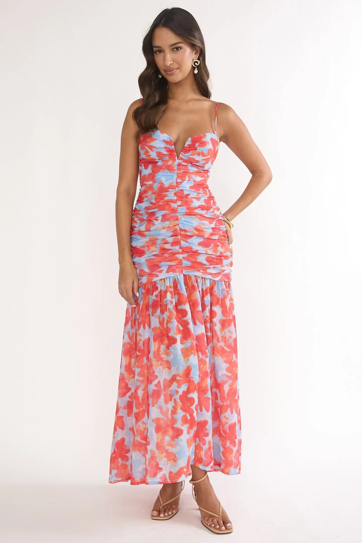 Harbor Ruched Maxi Dress Floral Blue Multi