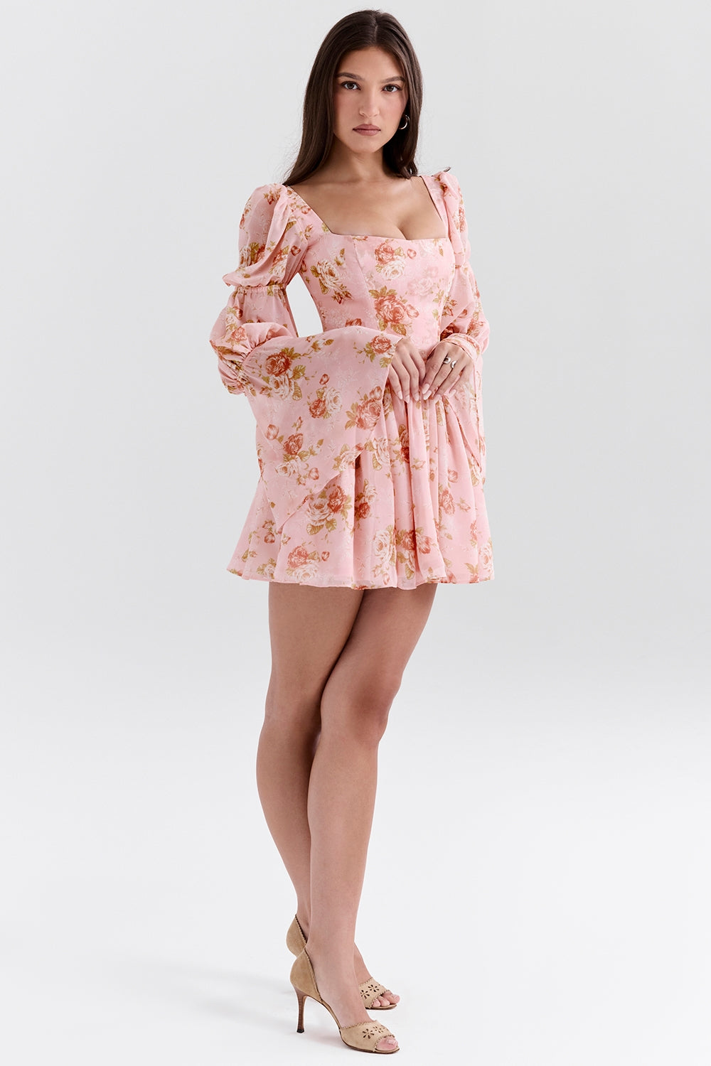 english vintage rose print puff sleeve mini dress