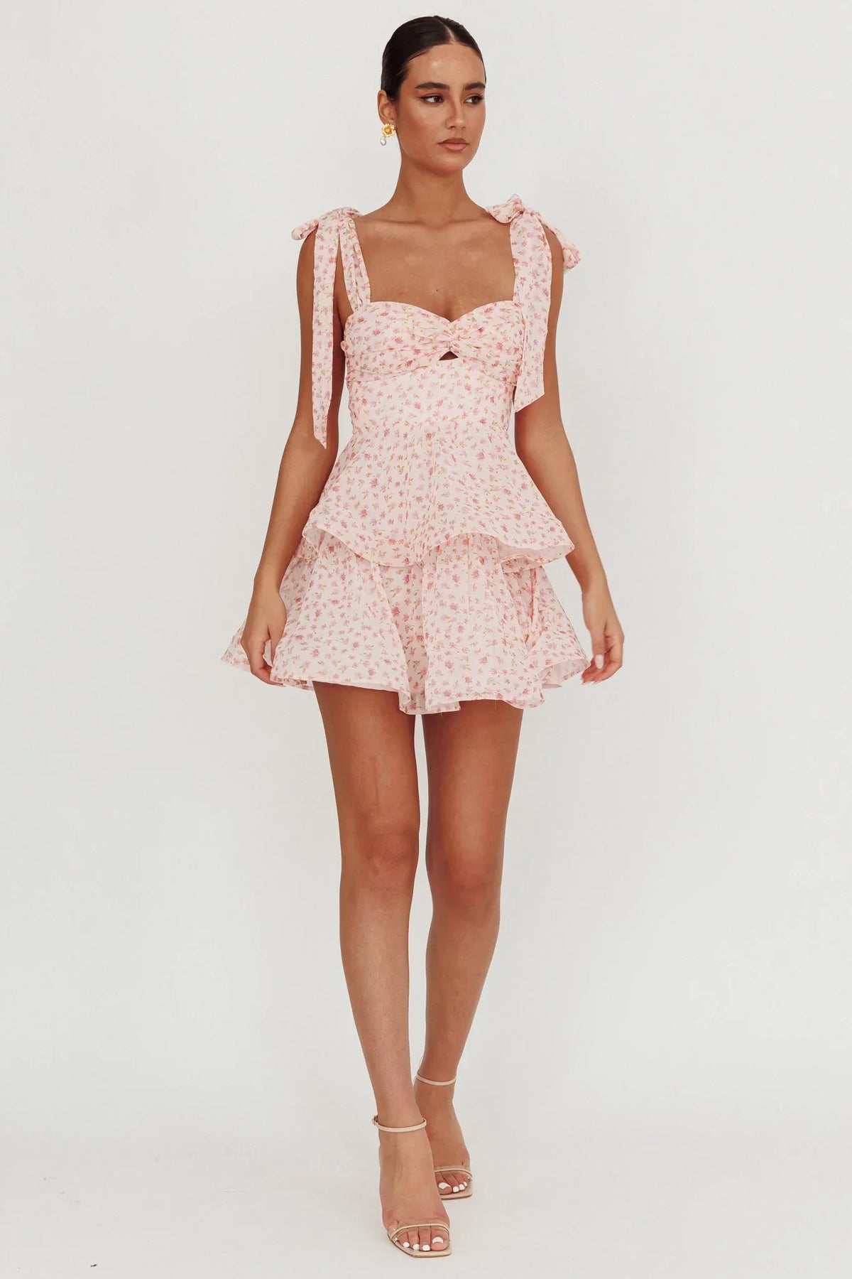 Oliana Tied Shoulder Tiered Mini Dress Peach