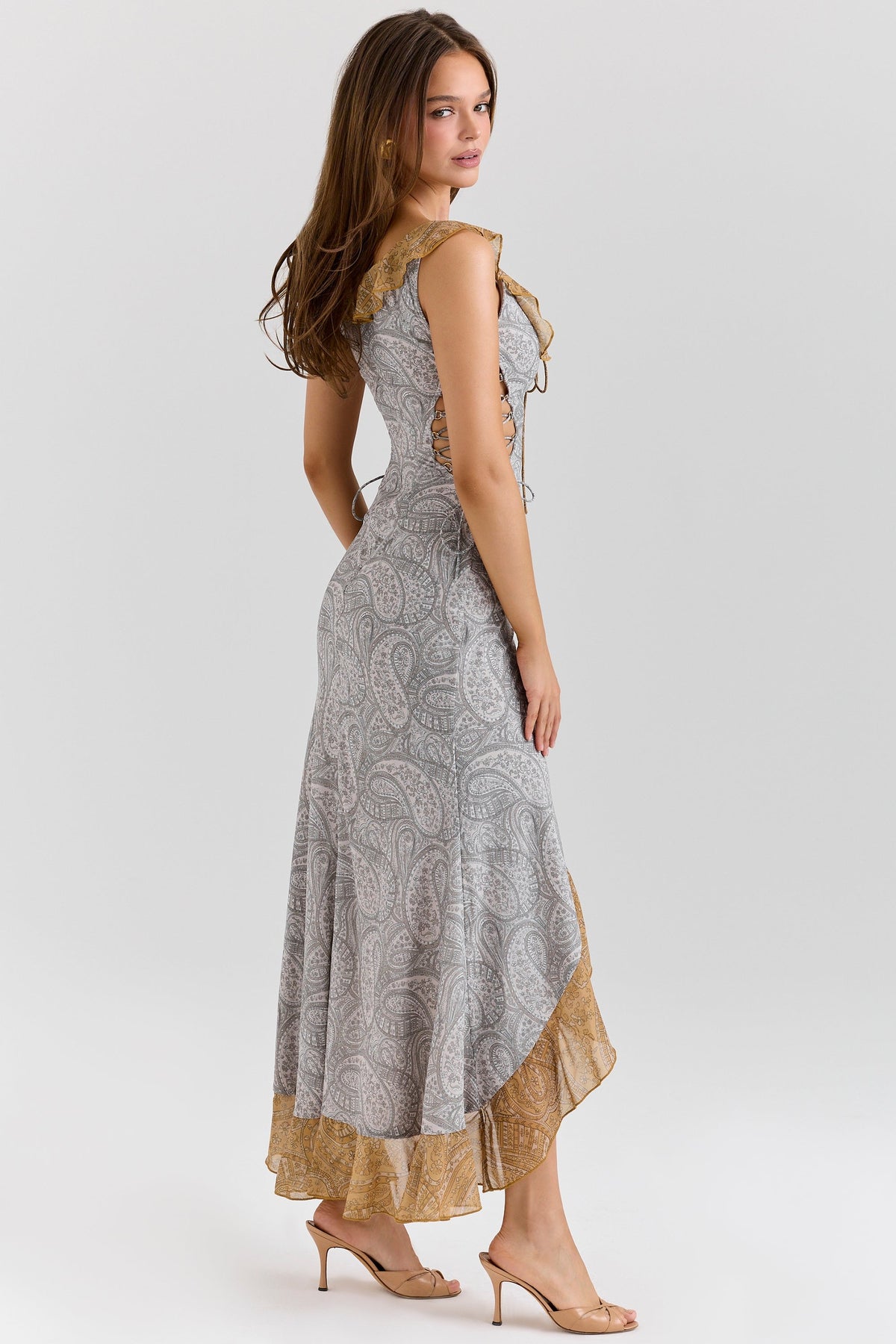 paisley print georgette ruffle maxi dress