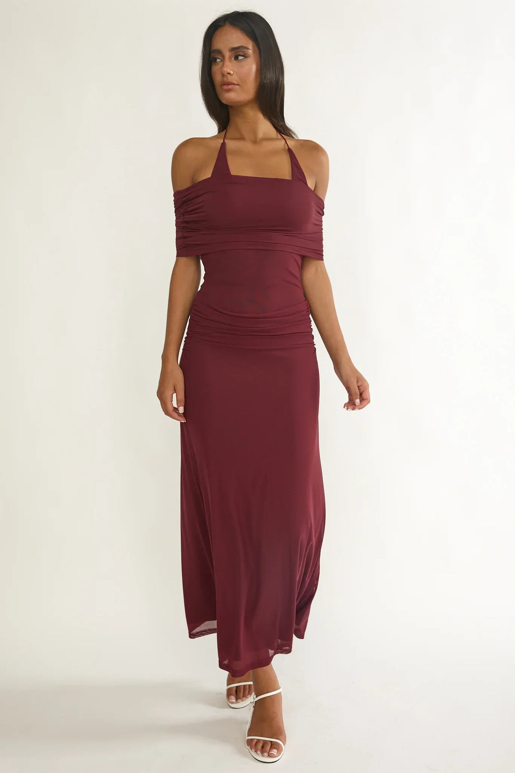 Carielle Off-Shoulder Halter Maxi Dress Wine