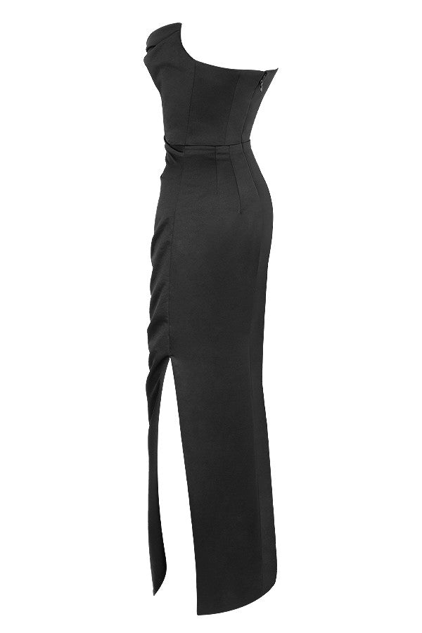 black satin strapless corset maxi