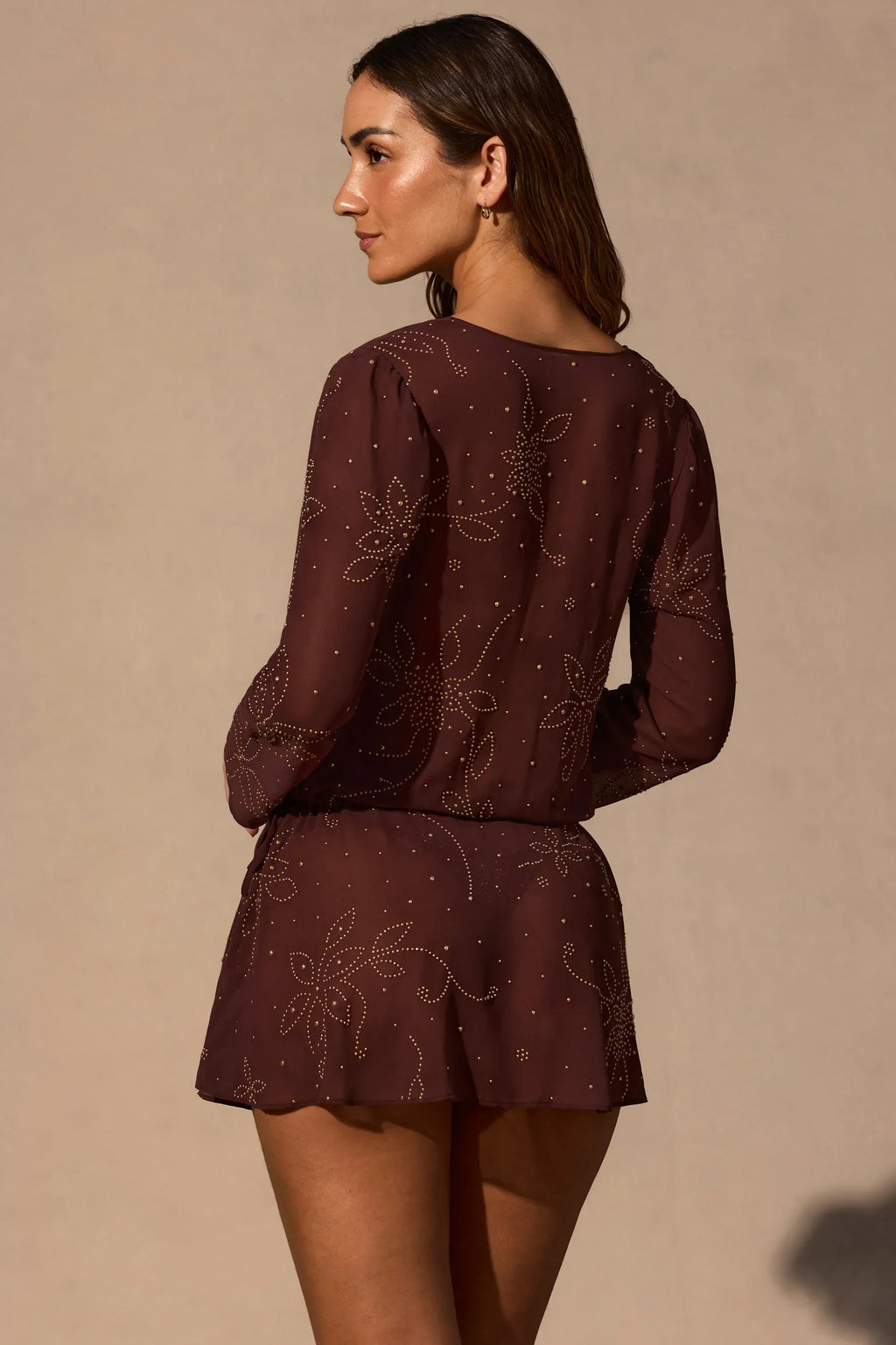 Long-Sleeve Mini Dress in Espresso Brown