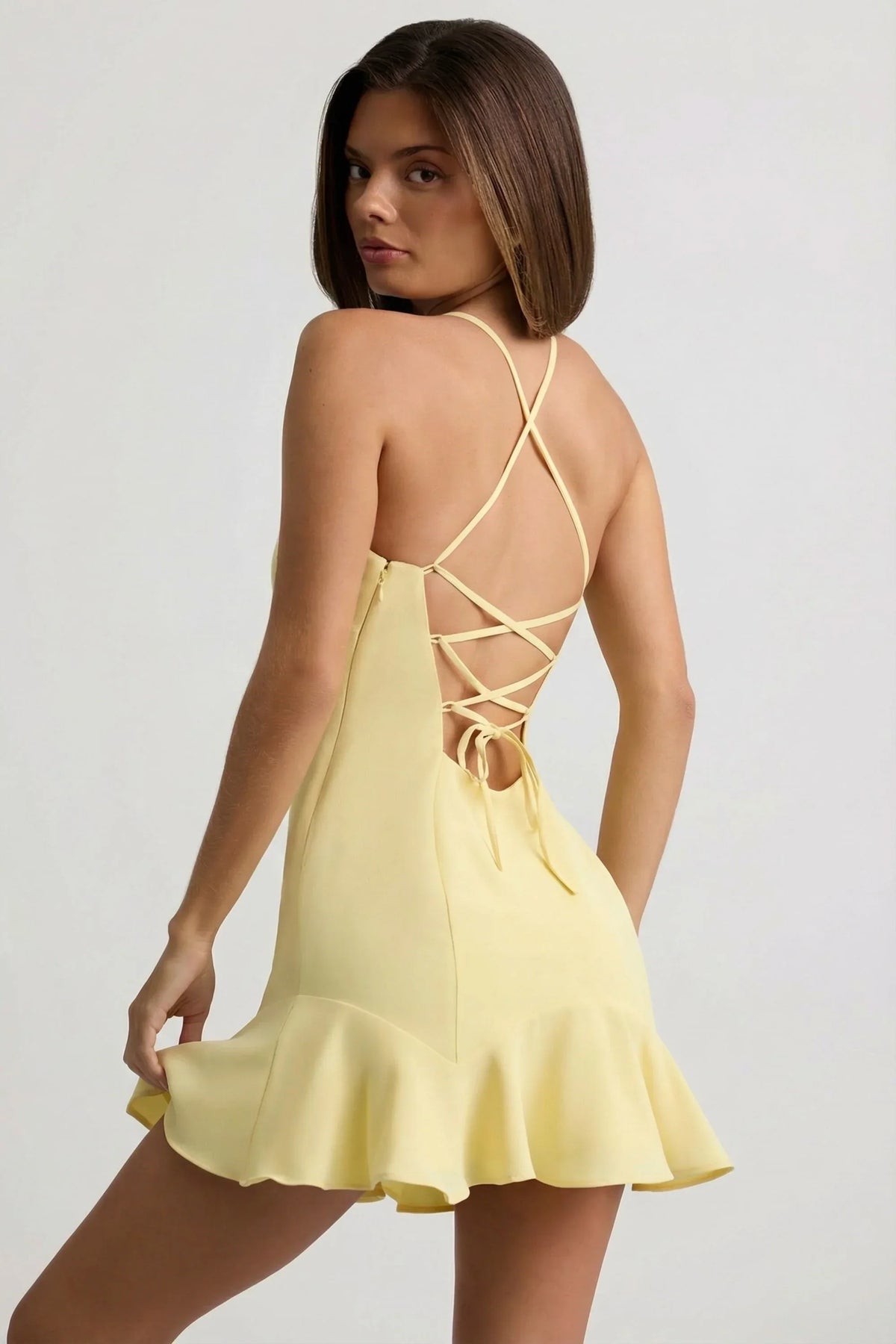 Drop-Waist Lace-Up Mini Dress in Yellow