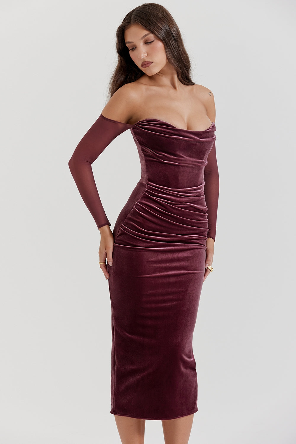 mulberry strapless midi dress