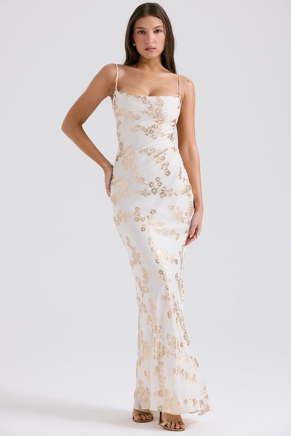 white & gold jacquard satin gown
