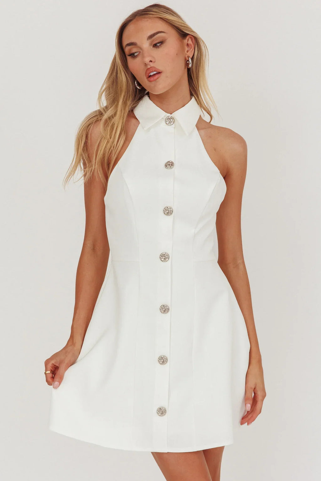 Opulent Collared Neckline Mini Dress White