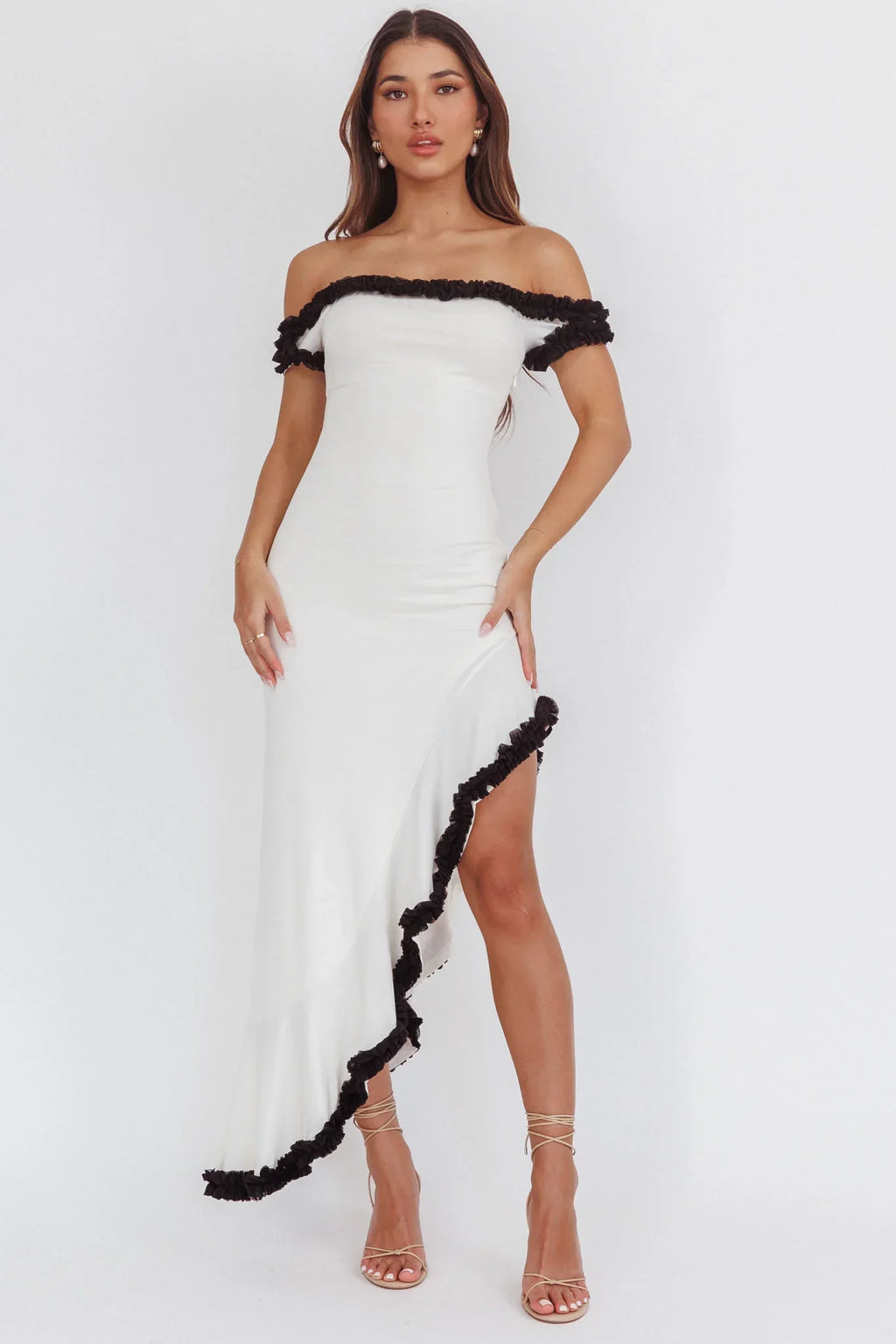 Shake It Off Asymmetric Off-Shoulder Dress Cream